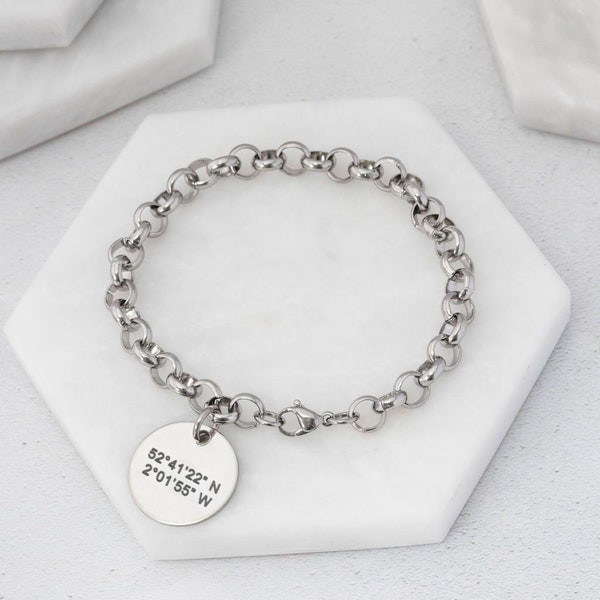 Ladies Charm Bracelet With Grid Coordinates Womens Latitude Longitude Custom Engraved Jewellery Jewelry Anniversary Gift For Her UK Orbit