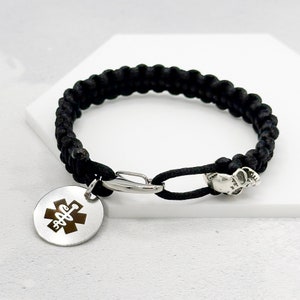 Bracelet d'identification médicale pour homme pour lui petit ami mari frère papa père diabète épilepsie asthme sensibilisation au cancer cordon crâne perle UK caboche