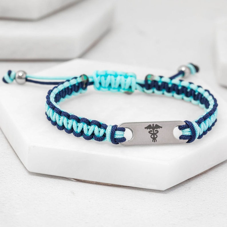Medical alert bracelet uk, adjustable blue nylon cord. For women, men, ladies, boys