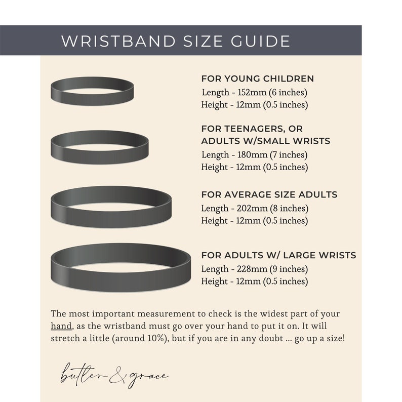 K&ouml;nnte beinhalten: Eine Gr&ouml;&szlig;entabelle f&uuml;r Armb&auml;nder, die vier verschiedene Gr&ouml;&szlig;en mit entsprechenden Ma&szlig;en in Zoll und Millimetern zeigt. Die Tabelle umfasst Gr&ouml;&szlig;en f&uuml;r kleine Kinder, Jugendliche, Erwachsene mit schmalen Handgelenken, Erwachsene mit durchschnittlicher Gr&ouml;&szlig;e und Erwachsene mit gro&szlig;en Handgelenken. Der Text enth&auml;lt auch einen Tipp zur Auswahl der richtigen Gr&ouml;&szlig;e.
