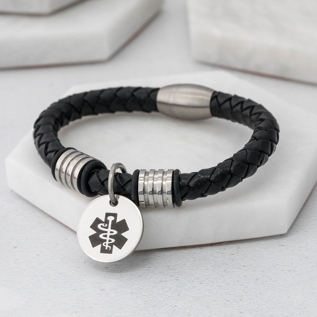 Mens Leather Medical Bracelet Medic ID Alert Black Chunky Men's Women's
