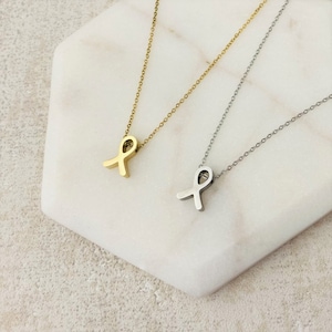 Awareness Ribbon Necklace For Childhood Breast Gallbladder Cancer Support Pendant Stainless Steel Chain Gift Women Ladies Girls UK Golden