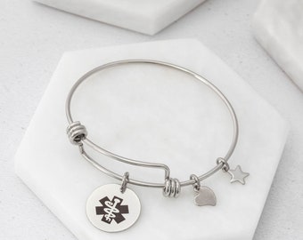 Ladies Medical Alert Bangle Jewelry Bracelet Women Medic ID