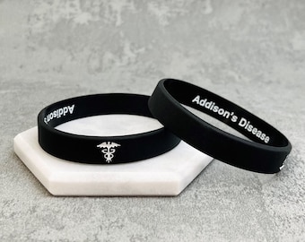 Addison's Disease Medical Bracelet Hidden Message Wristband Alert Adrenal Insufficiency Medic ID Band Black White Mens Womens Steroids UK