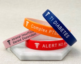 Customised Medical Wristbands For Teens Medic Awareness Diabetes Epilepsy Support Custom Wording Personalised Text Gift Boys Girls UK 180mm