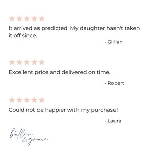 May include: Five-star reviews for a product with the text "It arrived as predicted. My daughter hasn't taken it off since. - Gillian", "Excellent price and delivered on time. - Robert", and "Could not be happier with my purchase! - Laura".