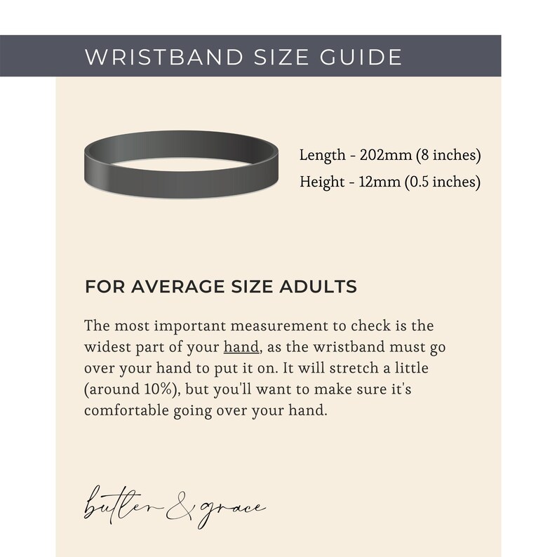 Puede incluir: Una gu&iacute;a de tallas de pulsera negra con el texto "WRISTBAND SIZE GUIDE" en la parte superior. La gu&iacute;a incluye las dimensiones de la pulsera: Longitud - 202 mm (8 pulgadas) y Altura - 12 mm (0,5 pulgadas). La gu&iacute;a tambi&eacute;n incluye instrucciones para medir tu mu&ntilde;eca para un ajuste c&oacute;modo.