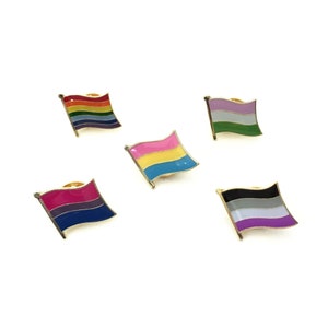 May include: Five enamel pinback buttons featuring different pride flags. The flags are rainbow, transgender, genderqueer, bisexual, and asexual.