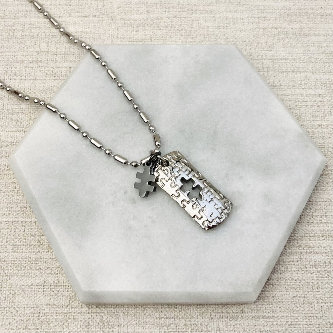 Autism Necklace for Men ASD Awareness Jigsaw Dog Tag Pendant Autistic