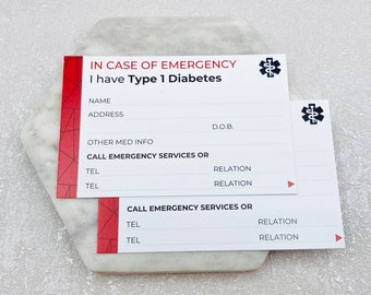 Type 1 Diabetes Medical Card: Emergency Contact Wallet Insert (Set of 2)