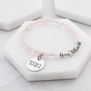 Rose Quartz Latitude Longitude Bracelet Personalised Coordinates Ladies Jewellery Personalized Charm Pink Beads Anniversary Gift UK Blush