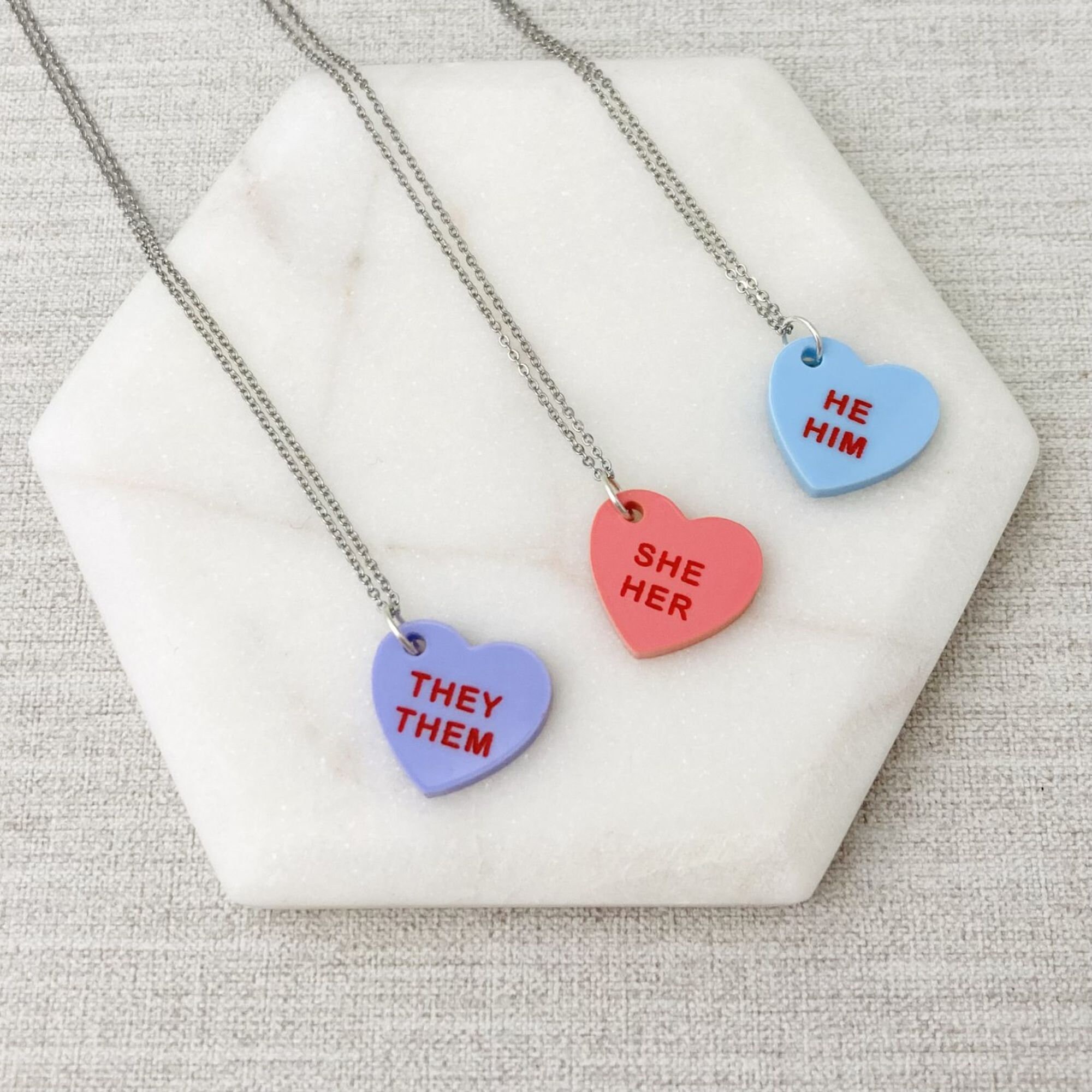 LGBT Pronoun Necklace She Her He Him They Them Acrylic Heart Pride Pendant Gift For LGBTQIA Trans Transgender Queer Genderfluid Nonbinary UK