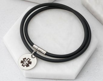Mens Medical Alert Necklace Custom Engraved Rubber Cord ID Pendant, Mono