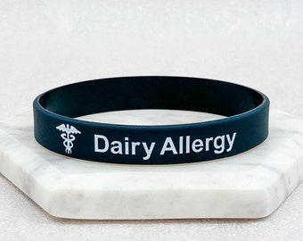 Dairy Allergy Medical Wristband Allergic To Milk Cheese Butter Lactose Medic Alert ID Allergies Jewellery Jewelry Silicone Black White UK