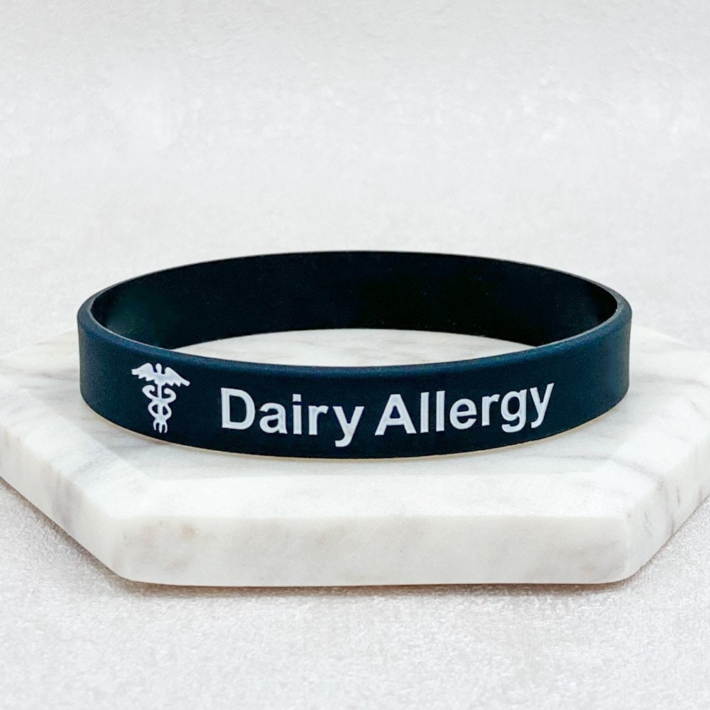 Dairy Allergy Medical Wristband Allergic to Milk Cheese Butter Lactose Medic Alert ID Allergies Jewellery Jewelry Silicone Black White UK Etsy Canada