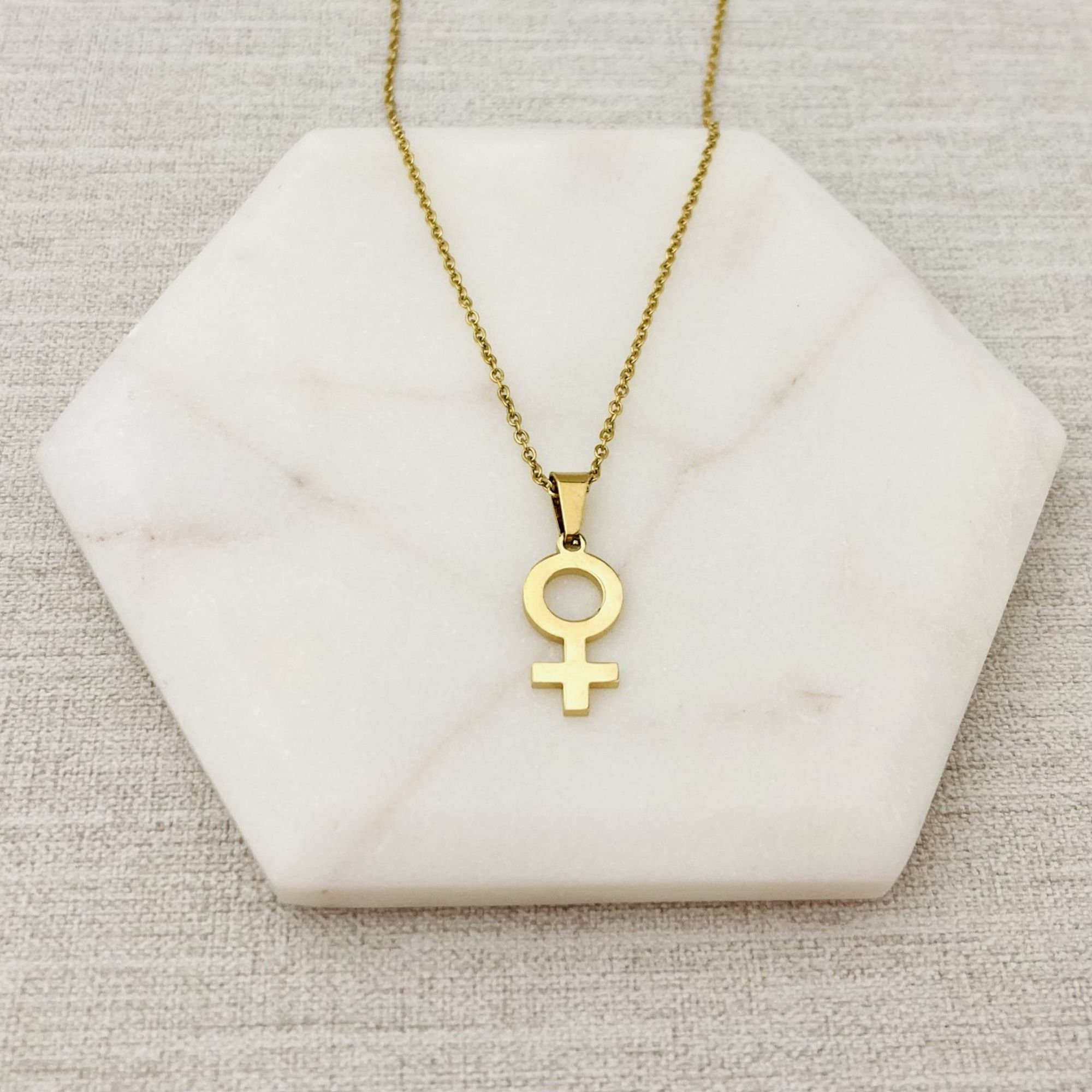 Female Gender Pendant For Women Transgender Trans Gold Golden Tone Toned Charm Necklace LGBT+ Cisgender Feminist Ladies She Her Jewellery UK