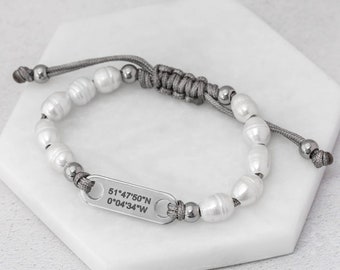 Pearl GPS Location Bracelet Special Coordinates Latitude Longitude Pearls Beads Ladies Jewellery Personalised Charm Anniversary UK Purity