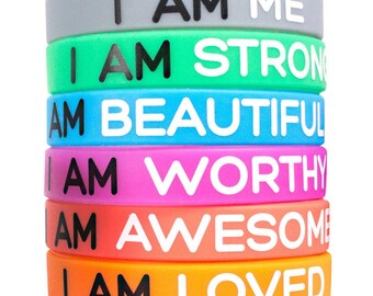 Affirmation Wristbands Silicone Slogan Positive Happy Mental Health Self-Esteem Worthy Beautiful Ladies Mens Unisex Mantra Strong 202mm UK