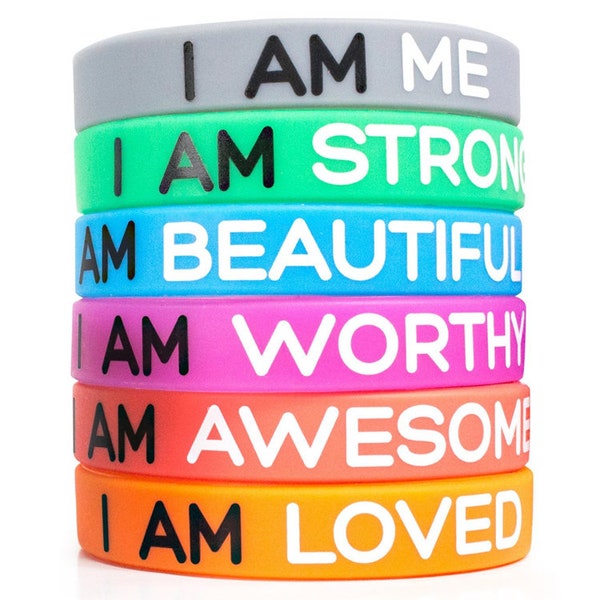 Pulseras de afirmación Lema de silicona Positivo Feliz Salud mental Autoestima Digno Hermosas damas Hombres Unisex Mantra Fuerte 202 mm Reino Unido