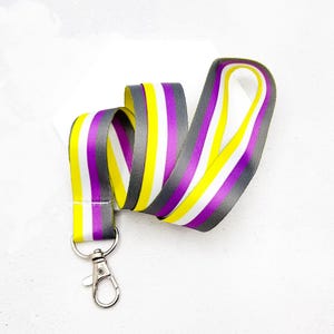 Nonbinary Pride Lanyard: Yellow, White, Purple & Black Striped Awareness Keychain
