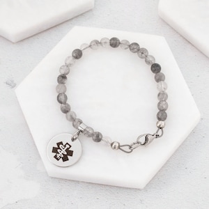 Medical ID Bracelet For Allergies Medic Ladies Alert Custom Engraved Charm Beads Penicillin Nuts Suxamethonium Allergy Allergies UK Smoke