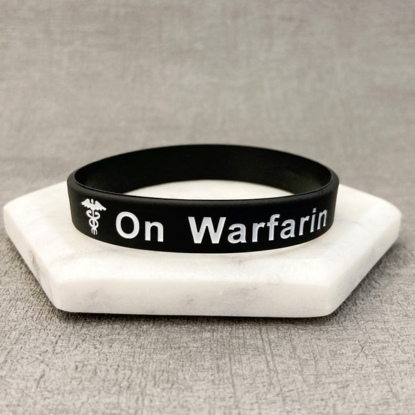 On Warfarin Unisex Band Wristband For Her Him Mens Womens Ladies Anticoagulants Blood Thinner Clots Heart Attack Stroke Black White Bands UK