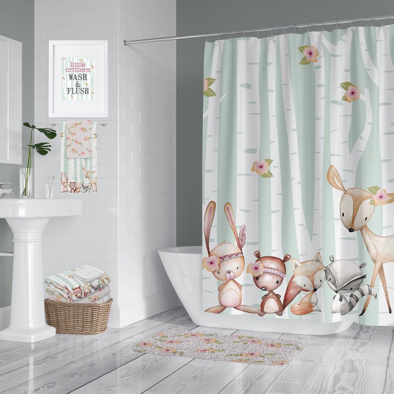 Woodland Critter Green Pink Shower Curtain Rug Towels Image 0