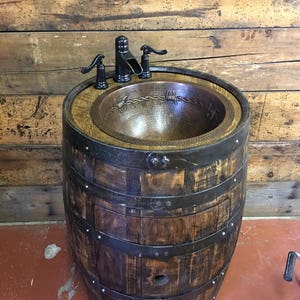 Rustic Whiskey Barrel Bathroom Vanity With Copper Sink With Antique ...