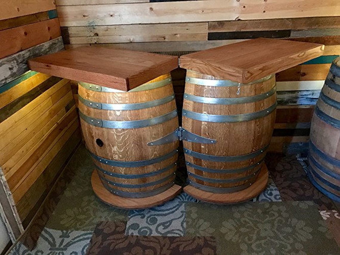 Wine Barrel Table and Mobile Bar With Oak Top, Shelf, Wine Glass Rack