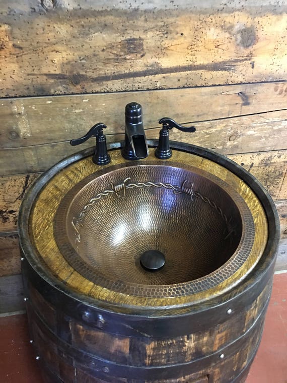 Rustic Whiskey Barrel Bathroom Vanity With Copper Sink Antique Waterfall Faucet