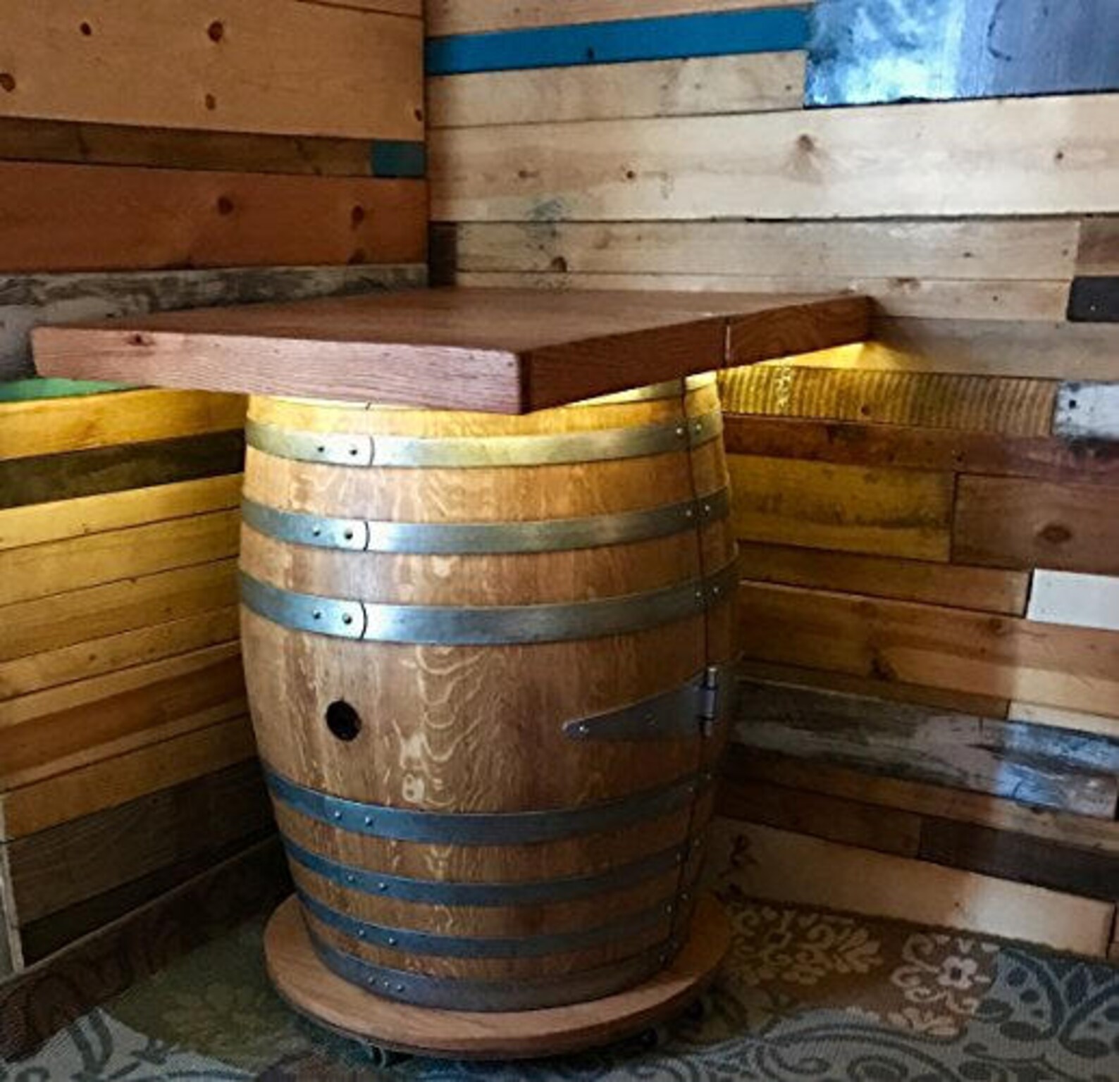 Wine Barrel Table and Mobile Bar With Oak Top, Shelf, Wine Glass Rack