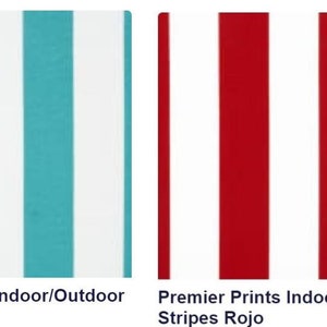 May include: Four fabric swatches with vertical stripes in different colours. The swatches are labelled "Premier Prints Indoor/Outdoor Vertical Stripe Citrus Yellow", "Premier Prints Indoor/Outdoor Stripes Ocean", "Premier Prints Indoor/Outdoor Stripes Rojo", and "Premier Prints Indoor/Outdoor Vertical Stripe Greenage".