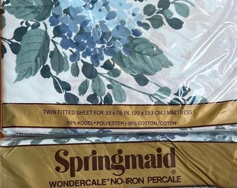 Sábanas individuales Springmaid Wondercale, planas y ajustables, estampado floral azul vintage.