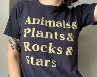 Animals, Plants, Rocks, & Stars T-shirt, Handprinted and Recycled
