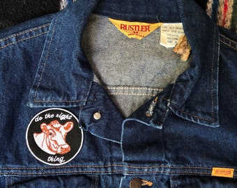 VEGAN Vintage Rustler Denim Jean Jacket with Do the Right Thing Patch Cow Patch, Medium, Vegan Love