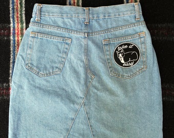 90s Denim Jean Skirt with Cat Take it Easy Patch, Small