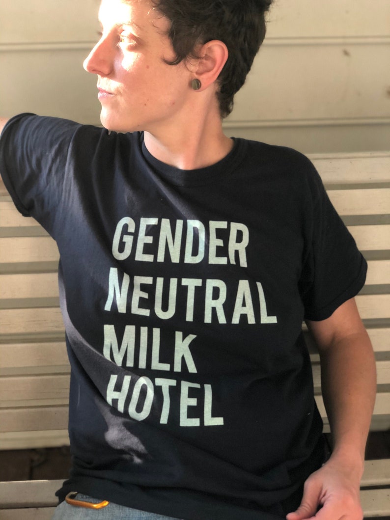 Gender Neutral Milk Hotel, Funny Indie Rock T-shirt, Handprinted & Recycled, All Sizes and Colors, Adult S M L XL 2X 3X Youth XL Youth XXL Adult M Navy
