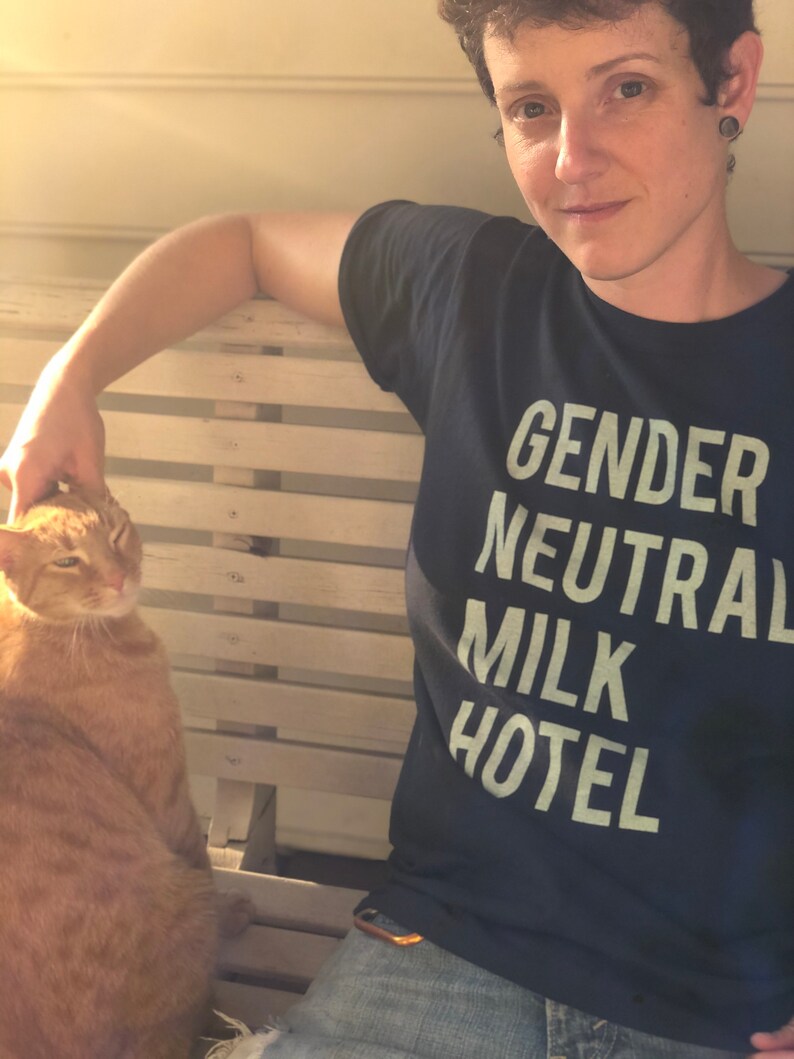 Gender Neutral Milk Hotel, Funny Indie Rock T-shirt, Handprinted & Recycled, All Sizes and Colors, Adult S M L XL 2X 3X Youth XL Youth XXL image 10