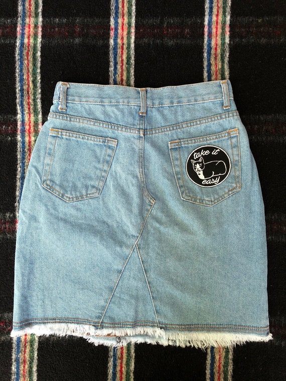 90s Denim Jean Skirt With Cat Take It Easy Patch Small | Etsy