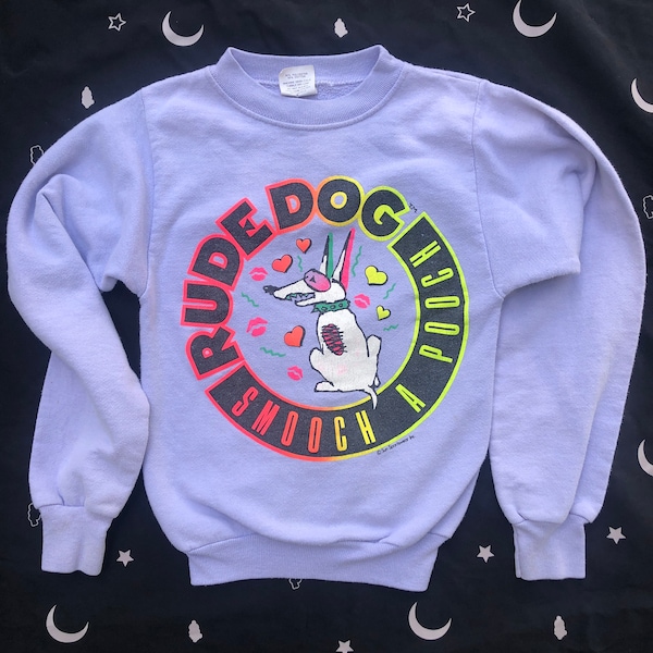 Rude Dog Sweatshirt!  Smooch a pooch!  Kids Small / Youth Small, 80s streetwear skater dope! Purple / Lavender
