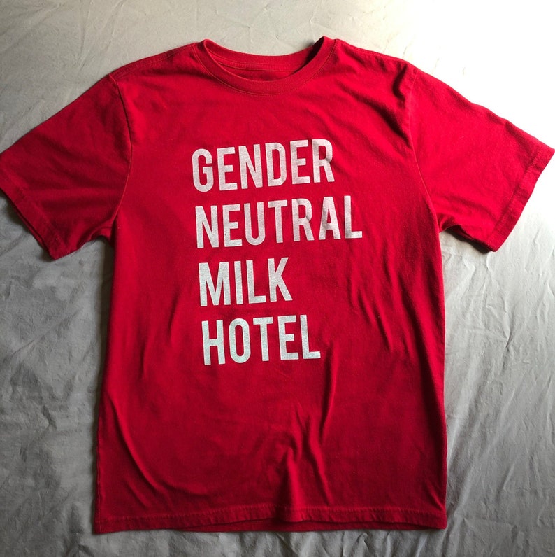 Gender Neutral Milk Hotel, Funny Indie Rock T-shirt, Handprinted & Recycled, All Sizes and Colors, Adult S M L XL 2X 3X Youth XL Youth XXL YXXL Red (50/50)
