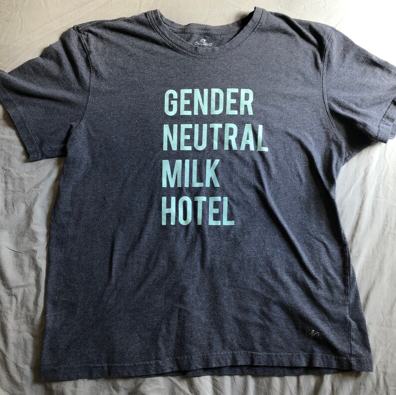 Gender Neutral Milk Hotel, Funny Indie Rock T-shirt, Handprinted & Recycled, All Sizes and Colors, Adult S M L XL 2X 3X Youth XL Youth XXL Adult XXL Dark Gray