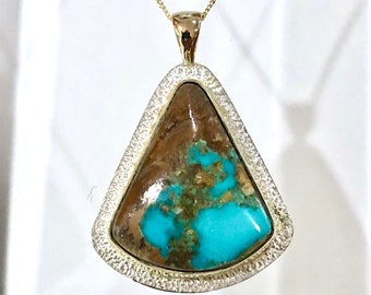 Bisbee Turquoise Natural Gem High Grade Spiderweb Drop Pendant Necklace 18k Gold 14k Gold and Sterling Silver