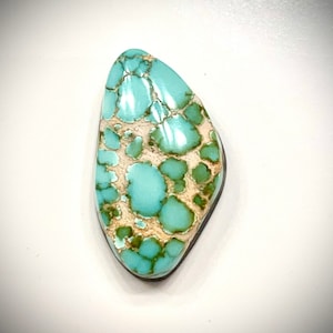May include: A turquoise cabochon with a green and white matrix pattern. The stone is a teardrop shape and has a smooth, polished surface.
