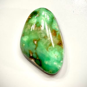 May include: A green and brown gemstone cabochon with a smooth, polished surface. The stone has a unique pattern of swirls and veins.