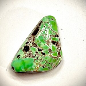 May include: A polished, triangular gemstone with a vibrant green hue, speckled with black and brown inclusions. The stone has a smooth, glossy surface and a unique, natural pattern. This gemstone is ideal for jewelry making.