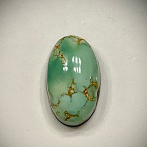 May include: A green and gold oval cabochon turquoise gemstone.