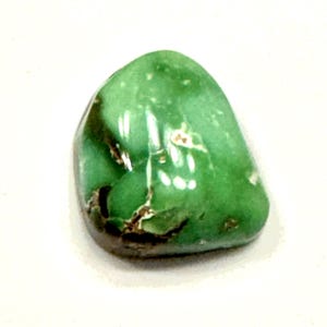 May include: A smooth, green gemstone with brown and white veins. The stone is irregularly shaped and has a polished finish.