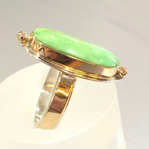 Carico Lake Turquoise Ring Natural Gem Faustite Lime Green Turquoise Cabochon Set in 14k Gold & Sterling Size 7 1/2