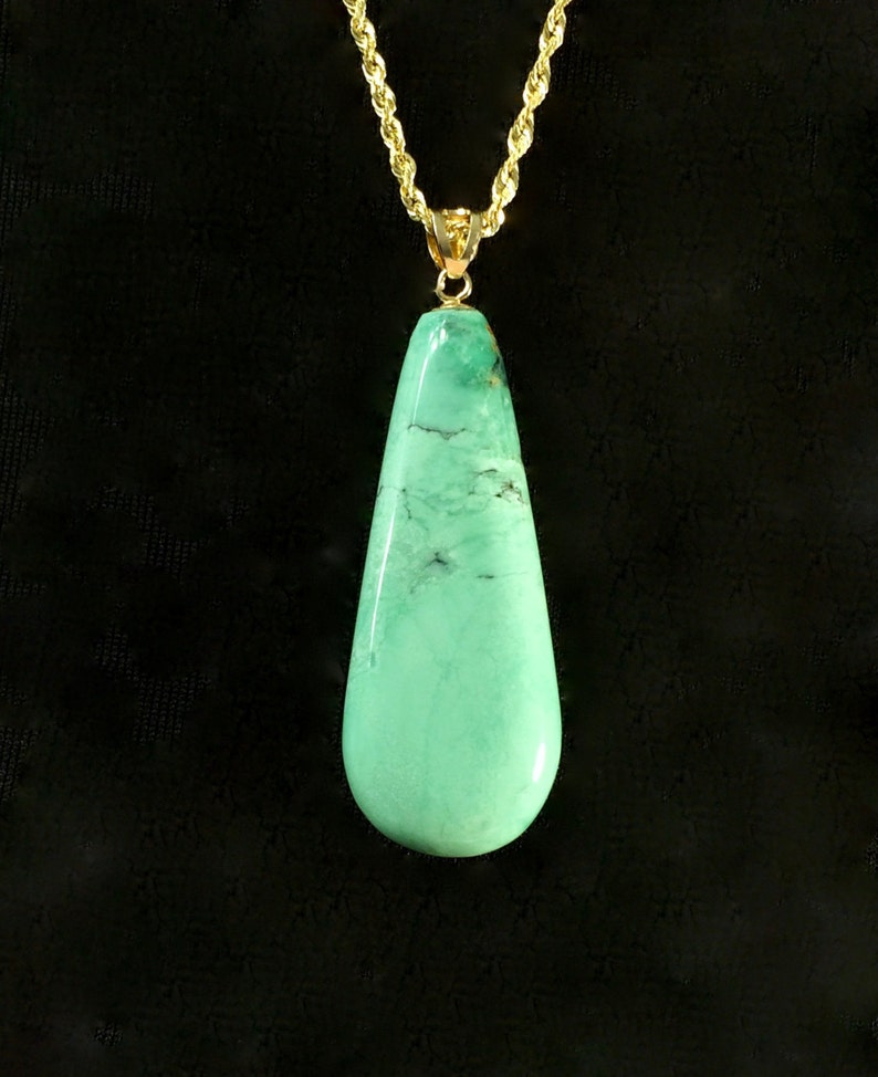 Apache Turquoise Drop Pendant of Natural Gem High Grade 20.8 Ct Green Turquoise Necklace Set on